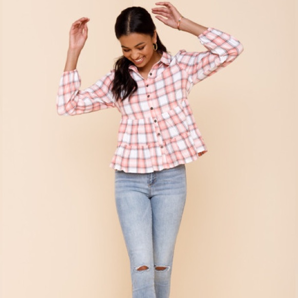 Blue Rain Lorie Plaid Babydoll Button Down
Top